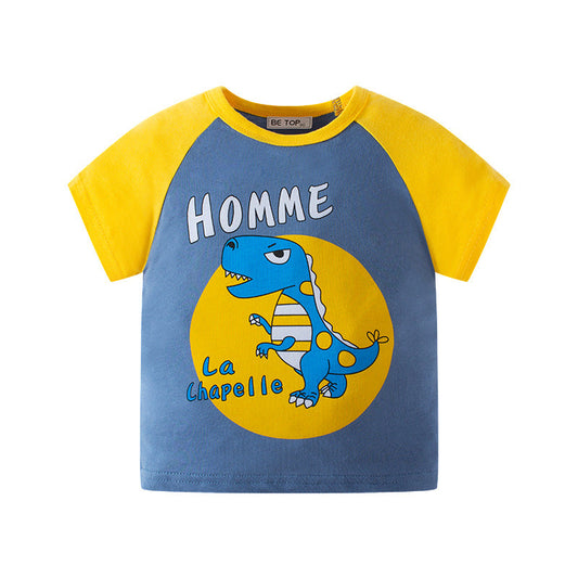 Children's short-sleeved T-shirt new Korean version cartoon dinosaur sleeve summer top baby pure cotton color matching clothes