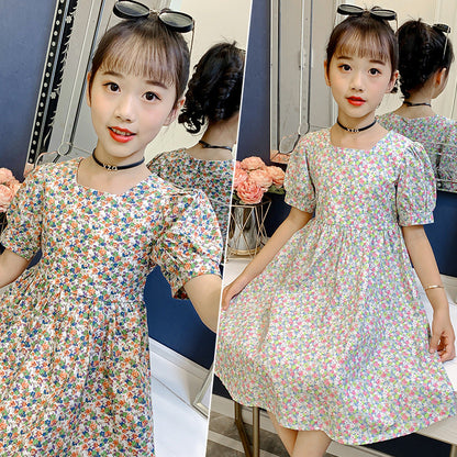 2024 Summer Girls French Puff Sleeve New Style Dress Square Neck Floral Cotton Skirt Short Sleeve Pastoral Slim Trend