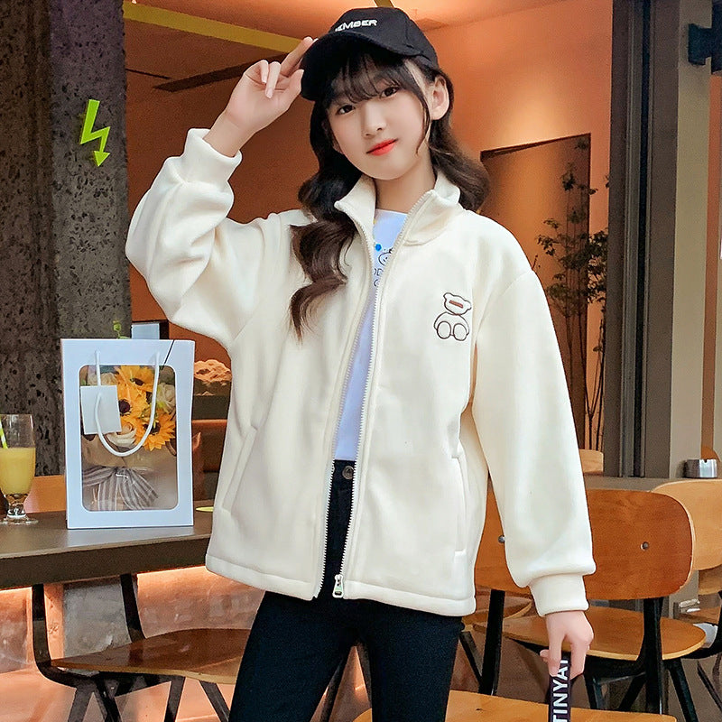 Girls winter fleece jacket 2024 new spring and winter medium and large children's cardigan lining double-sided fleece thickened warm trend