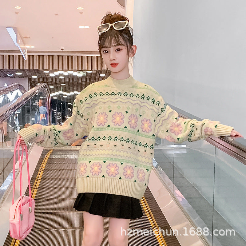 Girls 2024 new sweater style pastoral style forest sweater sweater style flower style Japanese light green style students campus style