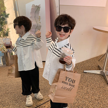 Children's shirts for boys and girls 2023 spring new handsome striped shirts for babies all-match lapel loose tops trend