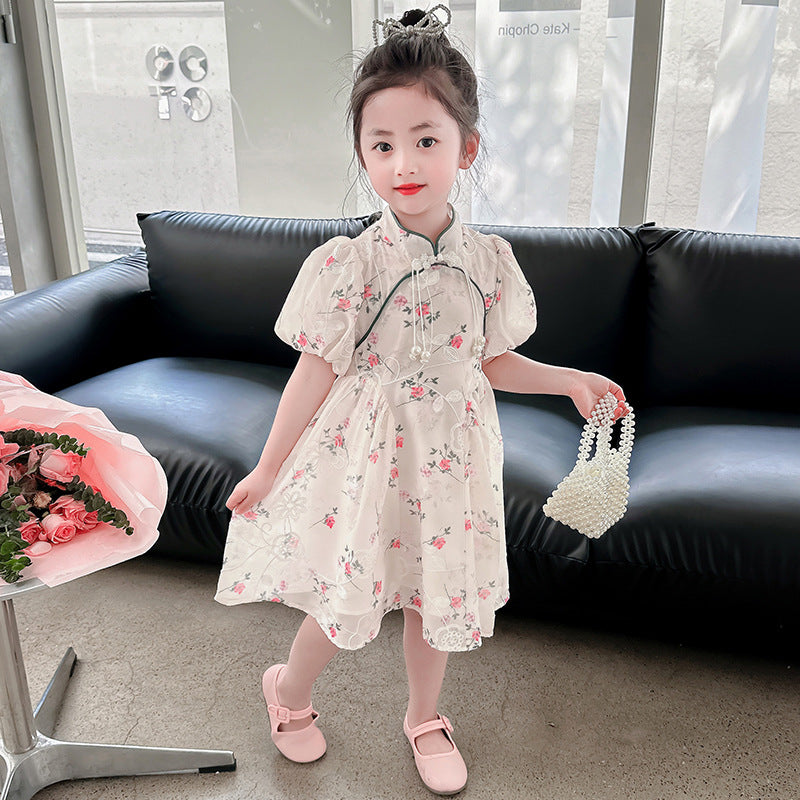 Girls summer short-sleeved cheongsam dress puff sleeve floral retro improved chiffon kindergarten ink painting Jiangnan small and medium children