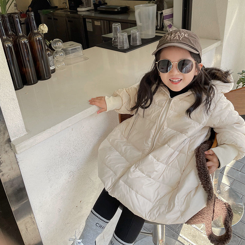 2023 autumn and winter new style girls baby stylish down jacket children's hooded long thickened coat 90 white duck down