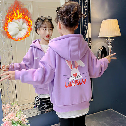 Girls 2024 Winter New Plush Jacket Children's Korean Style Thickened Cardigan Top Cartoon Hooded Sweater