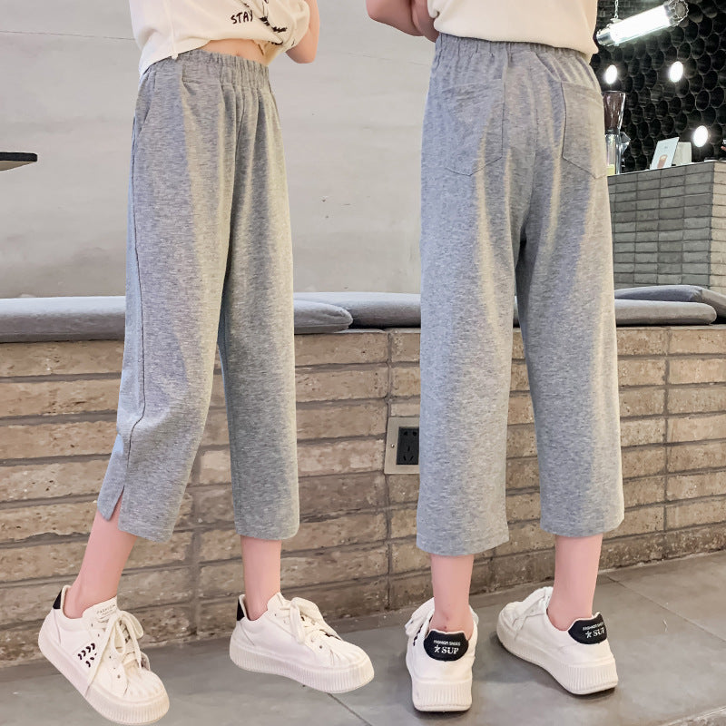 Summer girls' elastic cropped pants thin loose fat cotton elastic middle and large children's outer wear wide-leg pants sports shorts