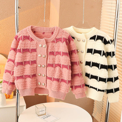 2024 new girls sweater double-breasted sweater coat hollow double-layer Korean version of foreign Internet celebrity middle and large children's knitted sweater