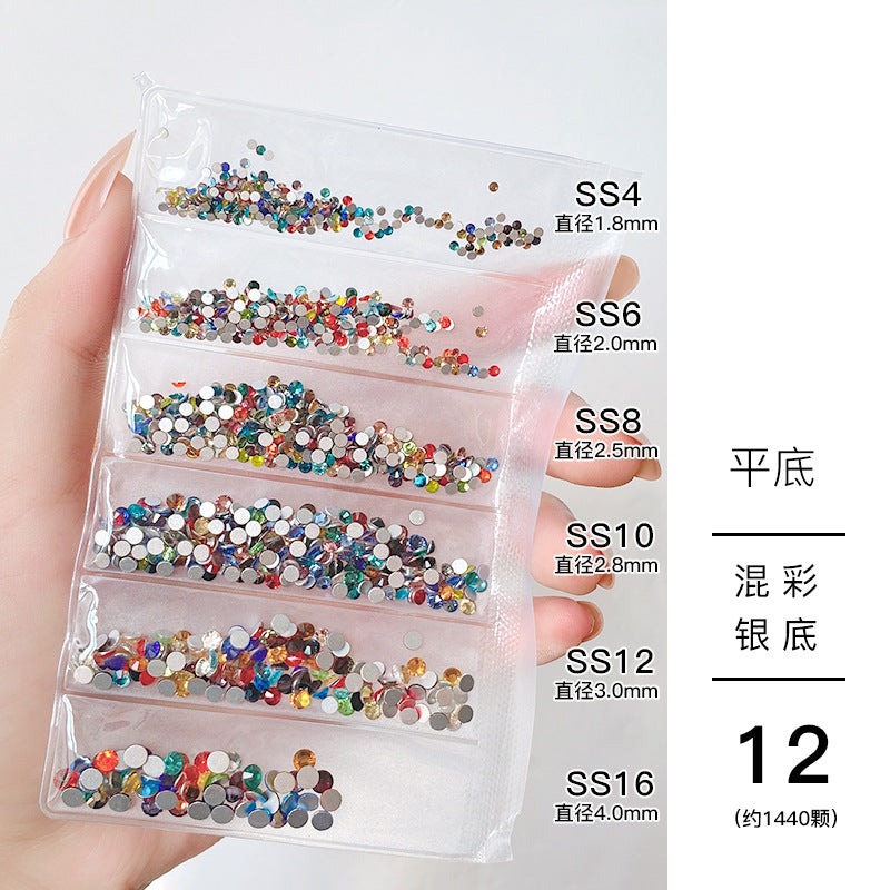 Nail jewelry wholesale 6-grid bagged rhinestones AB diamonds colored diamonds glass diamonds super flash flat bottom diamonds mixed colorful silver bottom