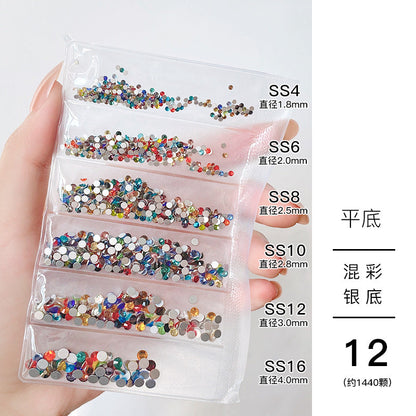 Nail jewelry wholesale 6-grid bagged rhinestones AB diamonds colored diamonds glass diamonds super flash flat bottom diamonds mixed colorful silver bottom