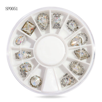 Cross-border nail art accessories nail flat bottom fantasy alloy diamond special-shaped white AB rhinestone accessories 12 grid turntable wholesale