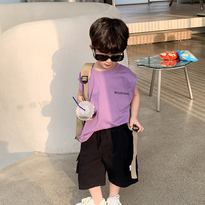 Amo Beibei children's loose top sleeveless boy 2024 summer letter mountain comfortable cotton vest bottoming shirt