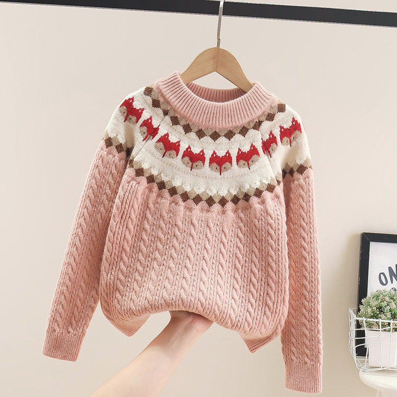 New Girls Cable Knit Sweater Retro Chunky Wool Sweater Cartoon Little Fox Head Elastic Thick Sweater