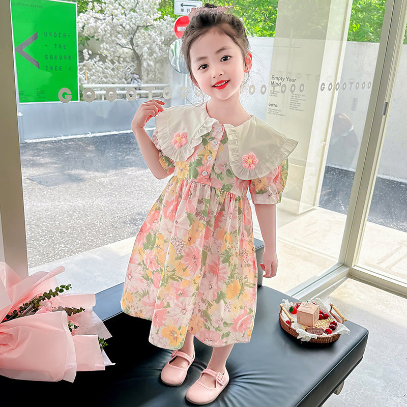 Girls summer cotton skirt pure cotton skirt small and medium children doll collar floral French forest series kindergarten oil painting style