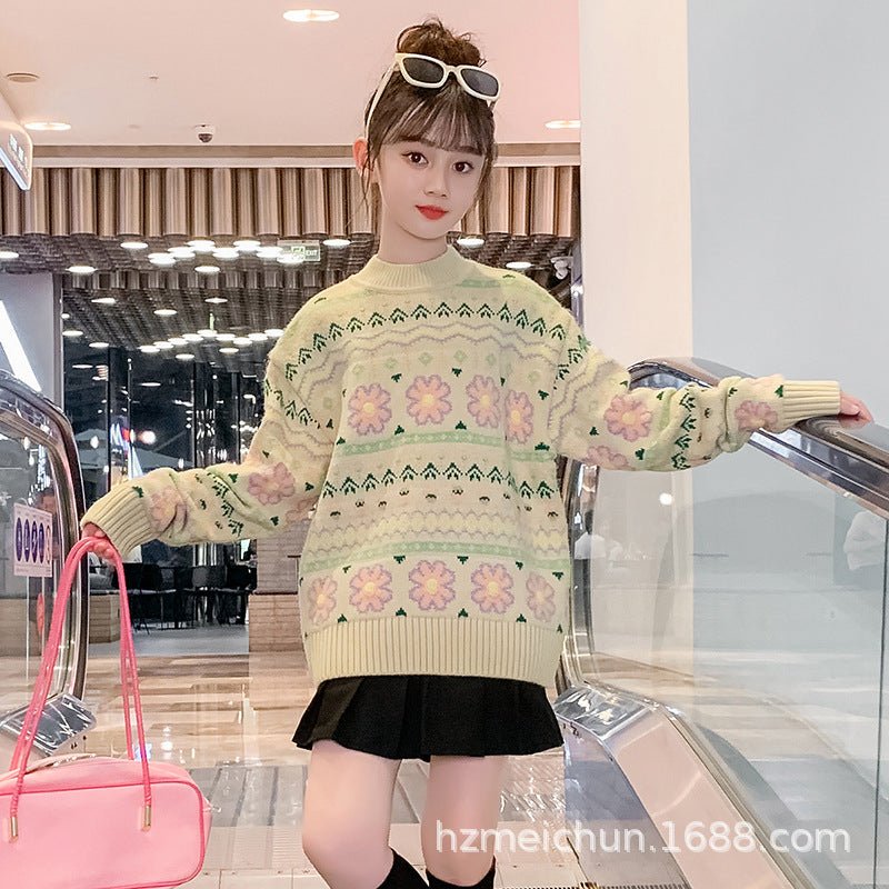 Girls 2024 new sweater pastoral style forest sweater Korean flower Japanese light green student campus style