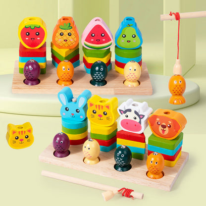 Montessori children's wooden multifunctional fruit animal magnetic fishing game geometric shape matching educational toys