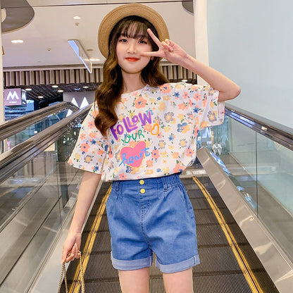 Girls summer new short-sleeved tops cotton T-shirt with floral print Korean version for middle and large children elastic loose fat elementary school trend