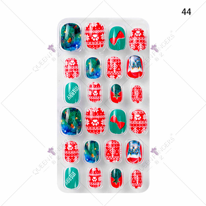 Manicure children's finished nail pieces 24 pieces of adhesive Christmas cartoon bagged wearable color nail pieces nail stickers