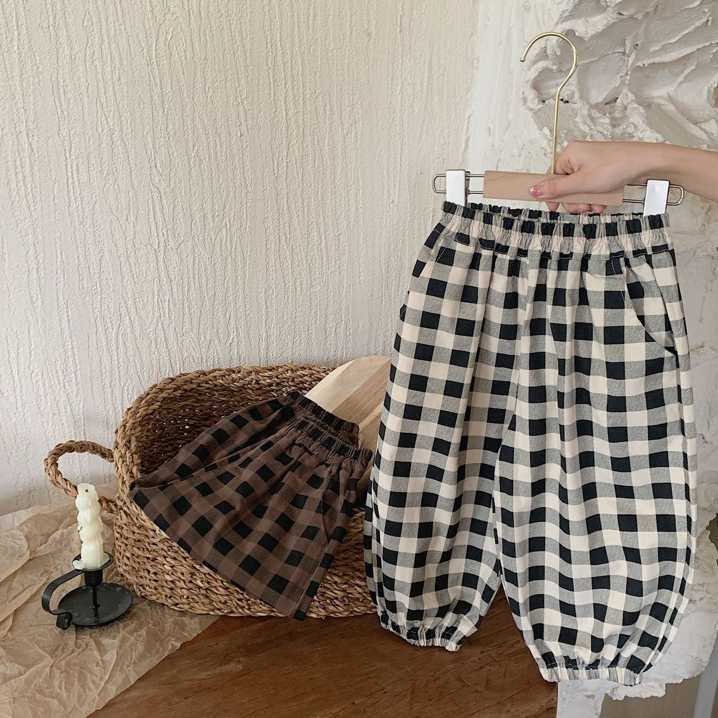 Children's trousers 2024 Bangcheng Spring Boys and Girls Korean Retro Plaid Casual Cotton Drawstring Pants Trendy F0352