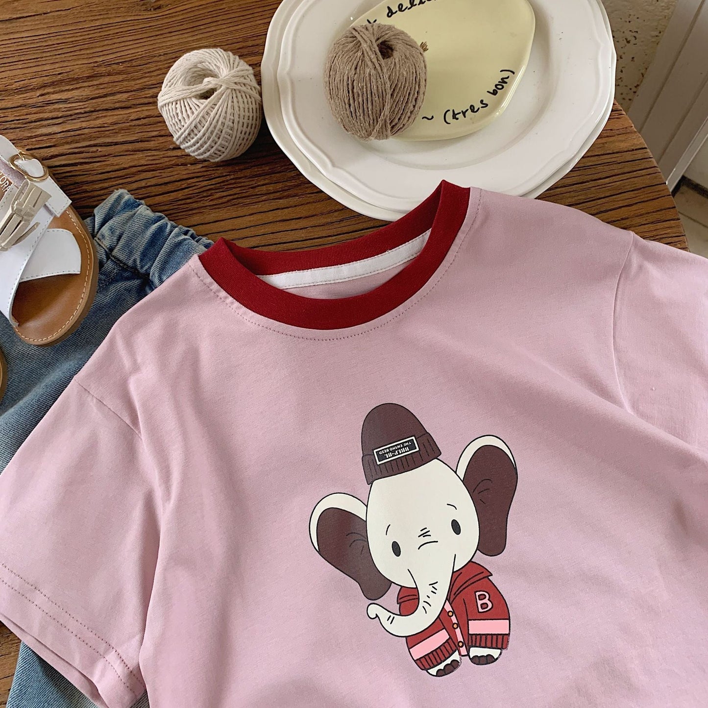 Children's T-shirt Bangcheng 2024 summer boys' contrasting color collar short-sleeved new children's clothing cartoon elephant short T-shirt trendy G0098