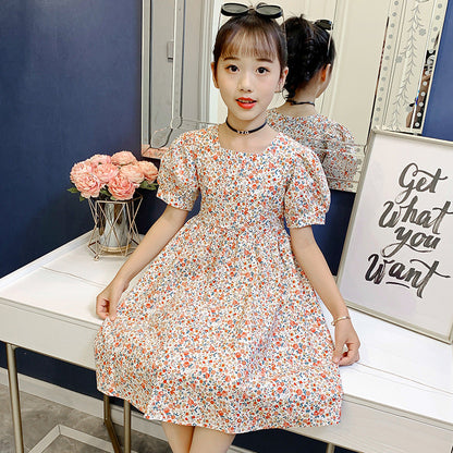 Summer children's pure cotton French palace puff sleeve dress short sleeve floral princess middle and large children slim trend