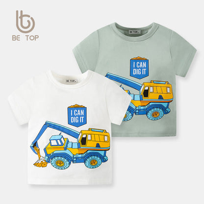 2024 Summer Children's Cartoon Car Short Sleeve T-shirt Excavator Printed Top Baby Clothes Children's Clothing Trendy Delivery