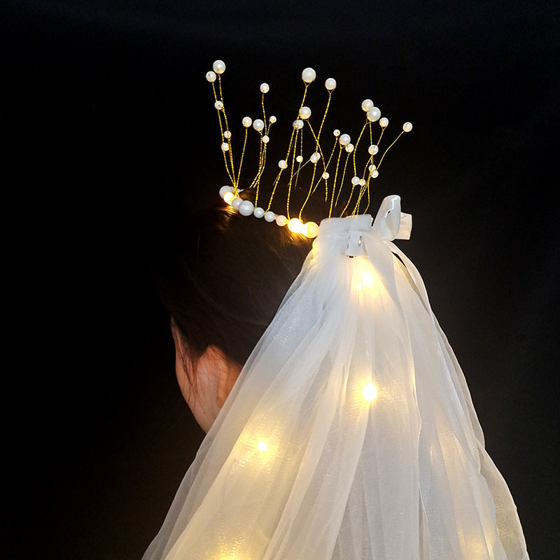 Luminous double-layer pearl veil net celebrity with light soft yarn flashing veil girl dress up tassel pearl crown headdress