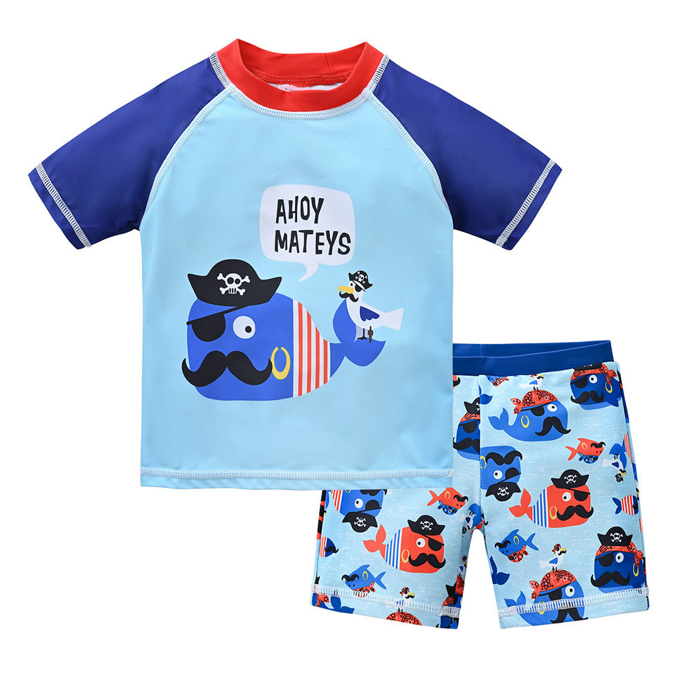 Children's swimsuit 1-8 years old big child split short-sleeved swimsuit boy swimming cap cartoon beach baby swimsuit swimming trunks 