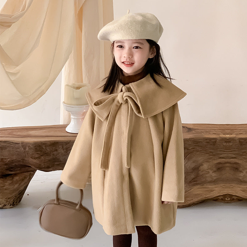 2023 Winter New Children's Tweed Coat Girls Baby Plus Velvet Thickened Bowknot Camel Cape Coat