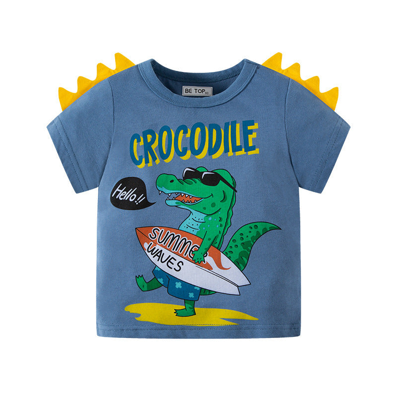 2024 New Dinosaur 3D Children Cartoon Short Sleeve T-shirt Boy Baby Knitted Top Wholesale One Piece Dropshipping