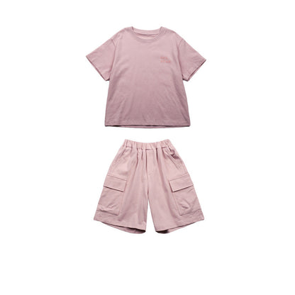 សំលៀកបំពាក់កុមារ Elmo Beibei 2024 Summer Handsome Letter Sports Loose suit for Boy and Girl Baby Washed Cotton Set two-piece