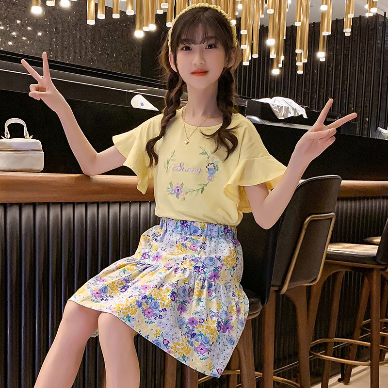 Girls summer suit skirt short sleeve suit floral cotton cloth lotus leaf sleeve skirt two piece suit Korean style fragrant style street