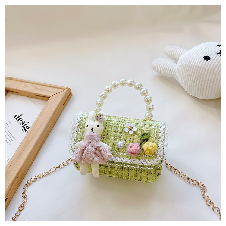 Children's pearl handbag 2024 new cotton and linen small square bag fashionable and cute girls decorative bag messenger bag 