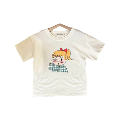 Korean children's clothing 2024 summer new style girls baby trendy cartoon doll print T-shirt children's short-sleeved top