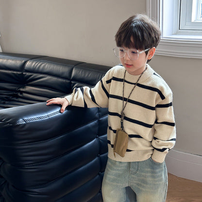 Amo Beibei children's warm sweater 2023 winter boys and girls baby versatile thickened striped round neck sweater