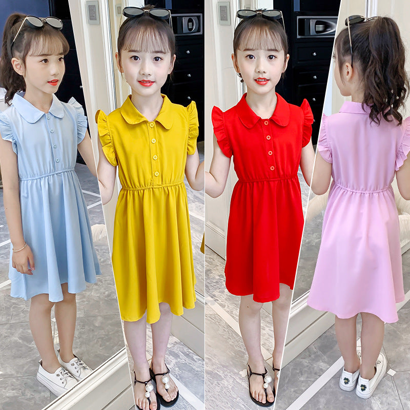 Girls summer clothes 2024 new children's dresses for middle and large children, stylish solid color chiffon skirts for girls, thin princess skirts