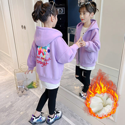 Girls 2024 winter spring and autumn new style big sweater cardigan hooded plus velvet thick warm primary school students kindergarten coat