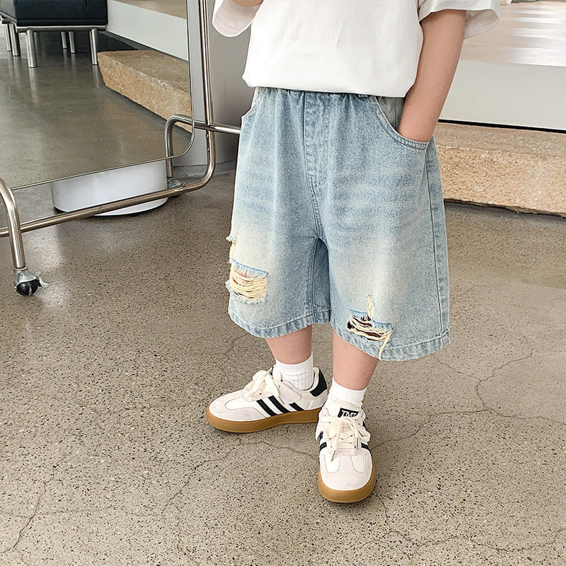 Children's pants boys ripped denim shorts baby outer wear 2024 summer new boys loose shorts