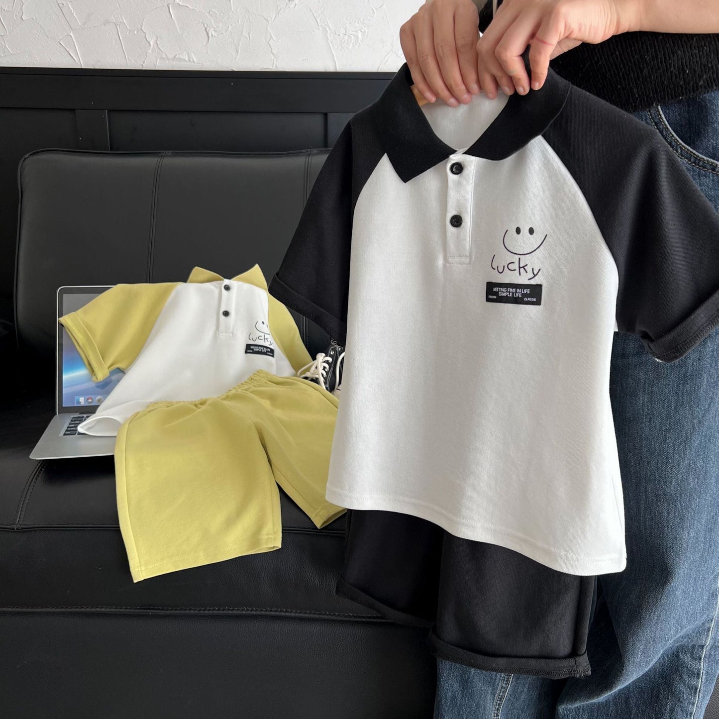 Children's clothing suits 2024 summer new boys cute smiley two-piece children's trendy Polo suits