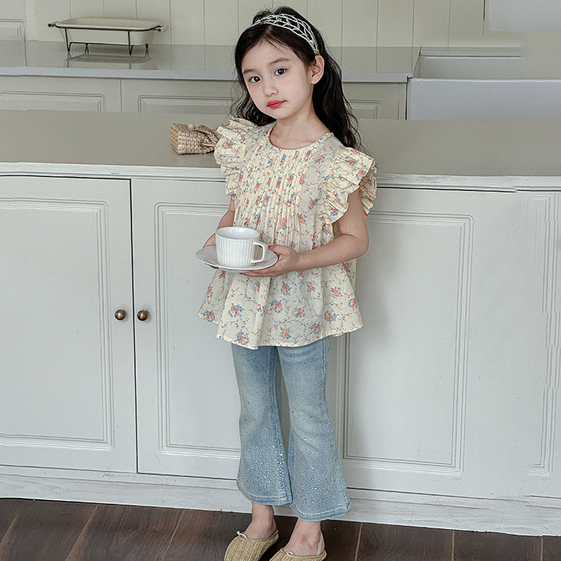 Summer children's cotton baby shirt pure cotton shirt Korean version of floral tops children's thin and cool loose flying sleeves French style