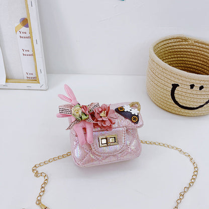 Korean fashion small square bag cartoon bunny pendant girl accessories bag shiny small square bag crossbody children's bag