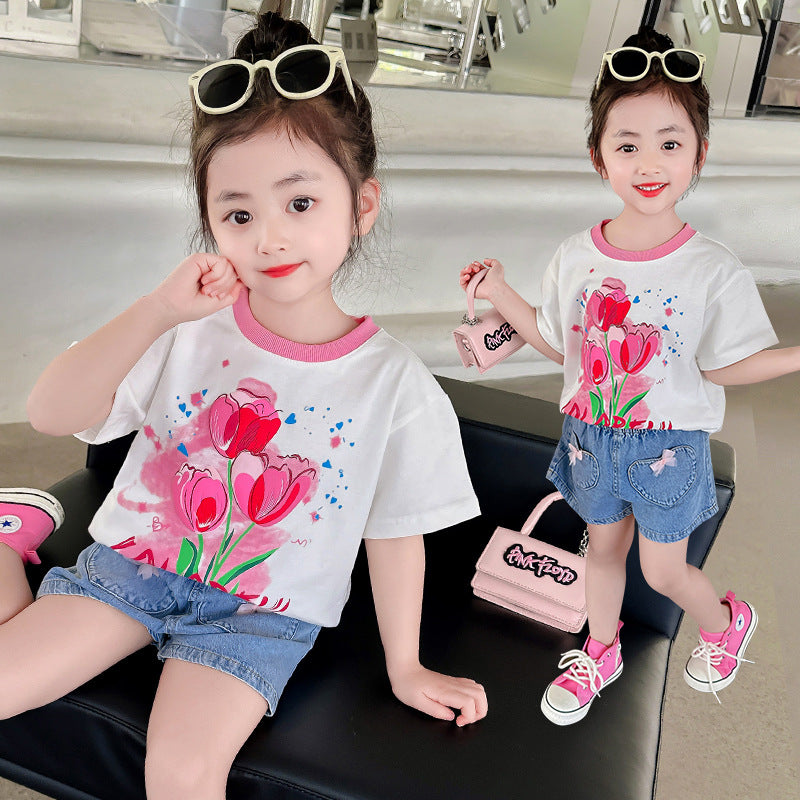 Girls summer short-sleeved tops cotton T-shirt with printed contrasting colors loose elastic fat tulip kindergarten elementary school trendy