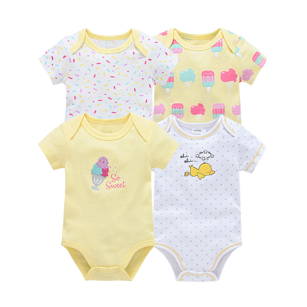 Baby bodysuit A-type ins style summer short-sleeved cartoon cute one-piece baby envelope collar romper four-piece set 