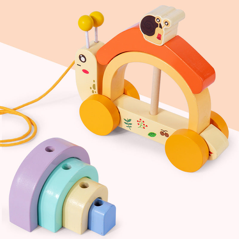 Wooden drag snail baby puzzle building stacking toddler parent-child wooden early education toy rainbow building block car 