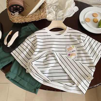 Children's T-shirt Bangcheng 2024 summer striped short T-shirt children's clothing boys' beverage cup printed short-sleeved top trendy G0138 