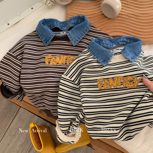 Children's sweatshirt 2024 Bangcheng spring boys' striped denim collar sweatshirt baby casual top C0213