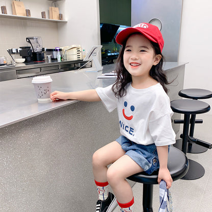 Korean children's clothing 2024 summer children's short-sleeved bottoming shirts for boys and girls with smiley face prints loose T-shirts and stylish tops