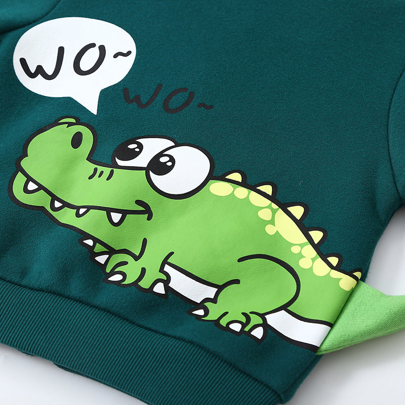 New autumn and winter children's cartoon crocodile sports hooded baby plus velvet jacket boy zipper shirt one piece