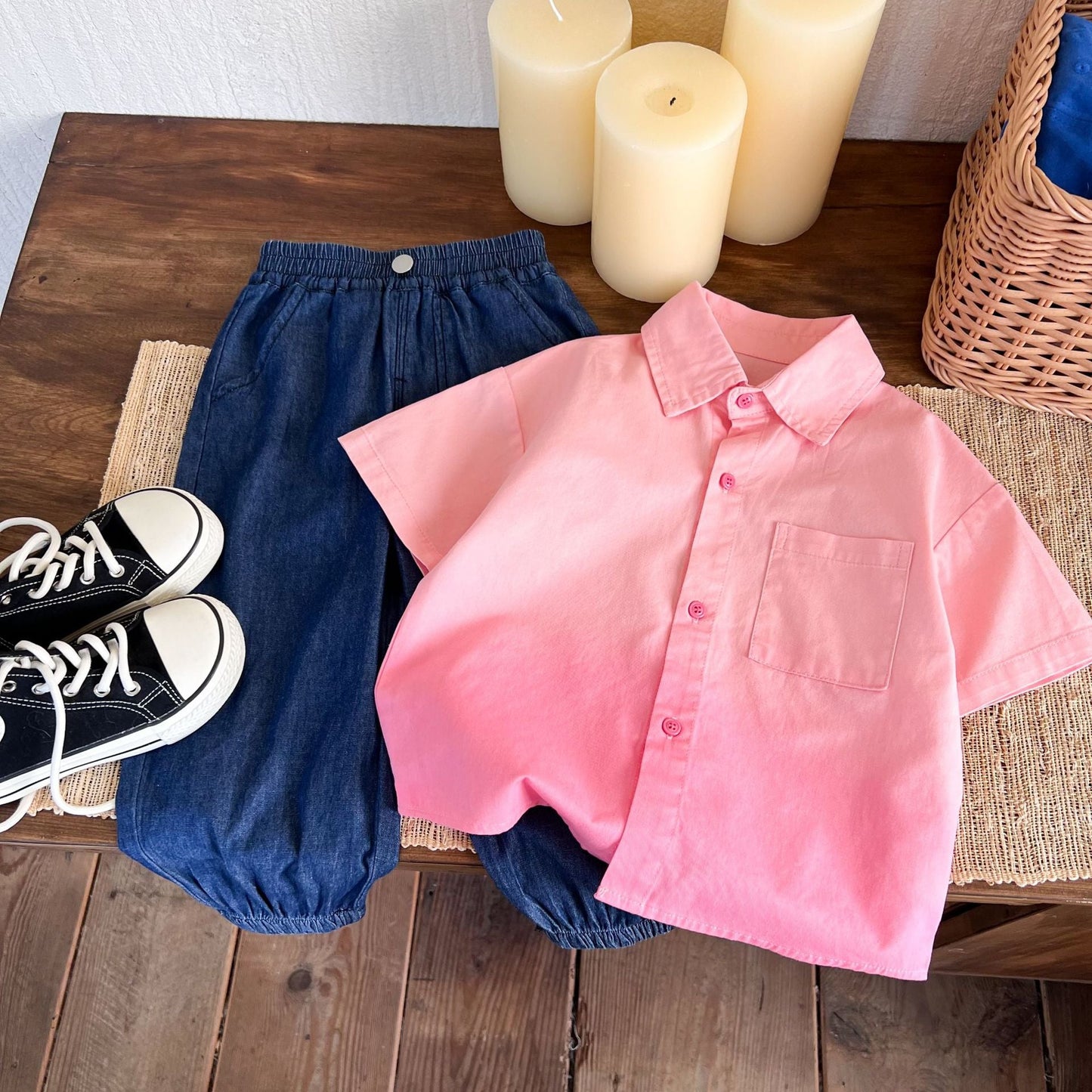 Children's clothing 2024 summer new boys' gradient dyed short-sleeved shirt children's trendy casual versatile pink shirt