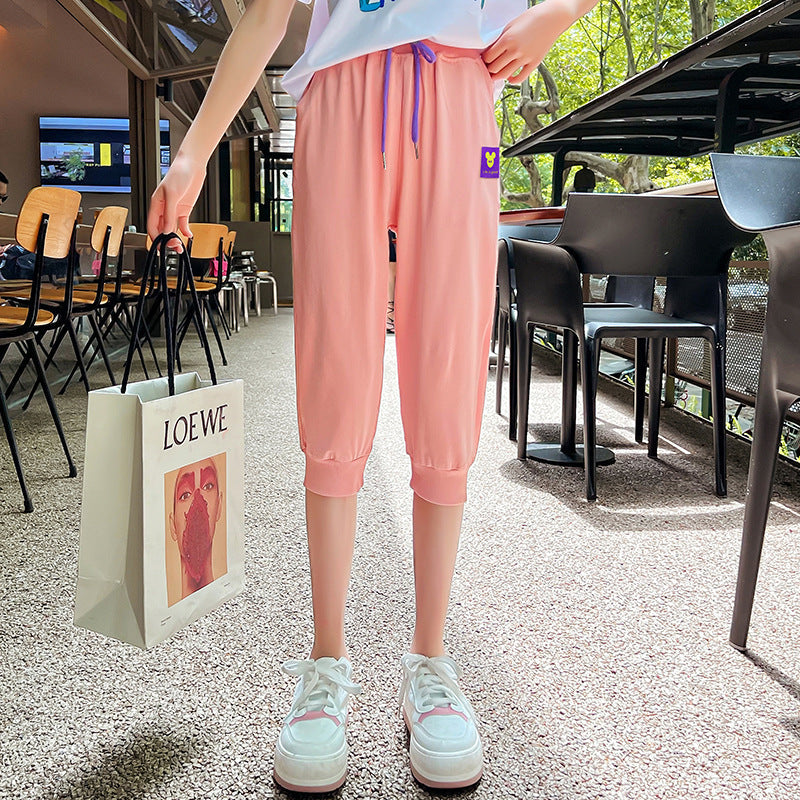 Girls' summer cropped trousers loose elastic outer cotton cuffs thin style middle and large children's sports casual trousers trendy