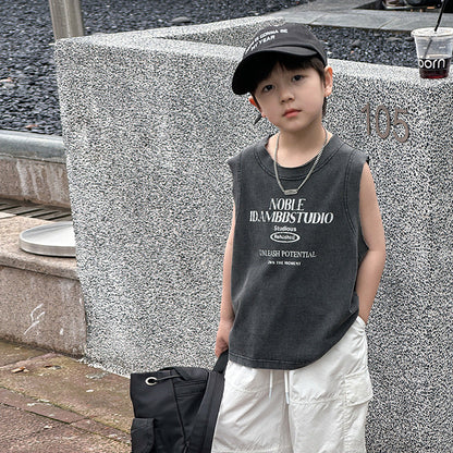 Amo Beibei children's clothing boys 2024 summer handsome retro loose sleeveless tops baby sand washed cotton letter vest