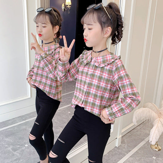 Girls' long-sleeved plaid shirt loose 2024 new spring and autumn children's pure cotton cardigan baby top coat